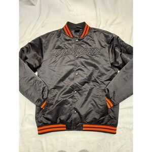 Santa Cruz Black Satin Bomber Jacket Orange Stripe Ribbed Collar‎ Cuffs Mens L